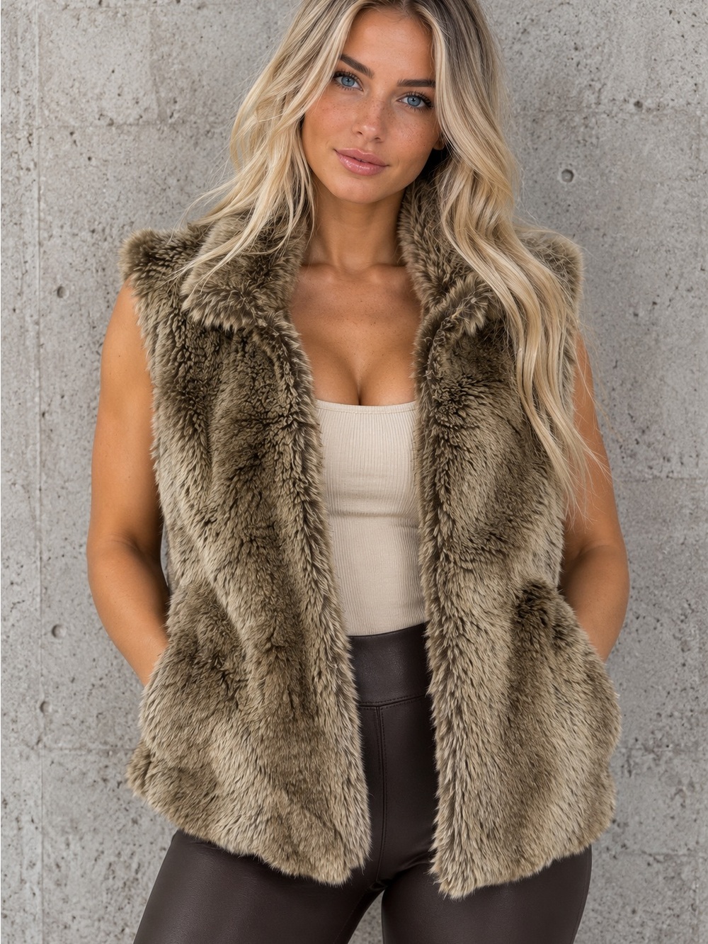 89th & Madison Plush Faux Fur Vest Brown Taupe knit back - Size Small